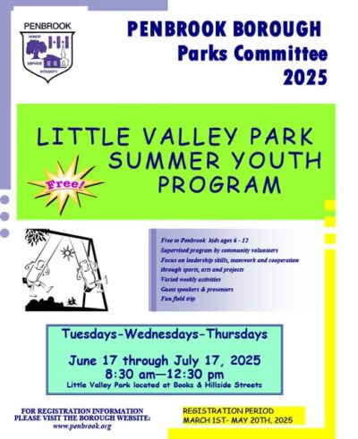 Little Valley Park Summer Youth Program 2025. Registration Period March 1st - May 20th
https://www.penbrook.org/summer/ ..